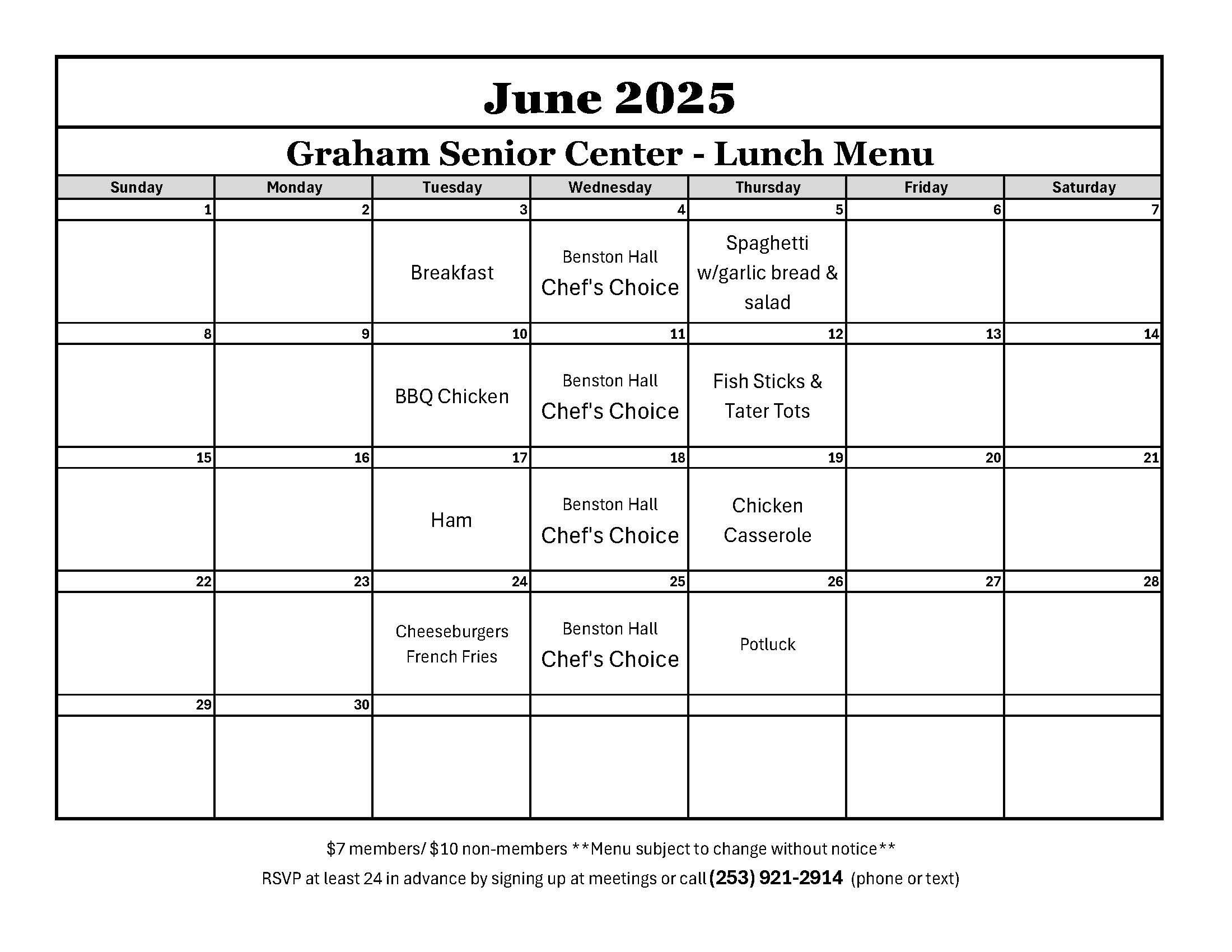 June 2025 Senior Center Lunch Menu