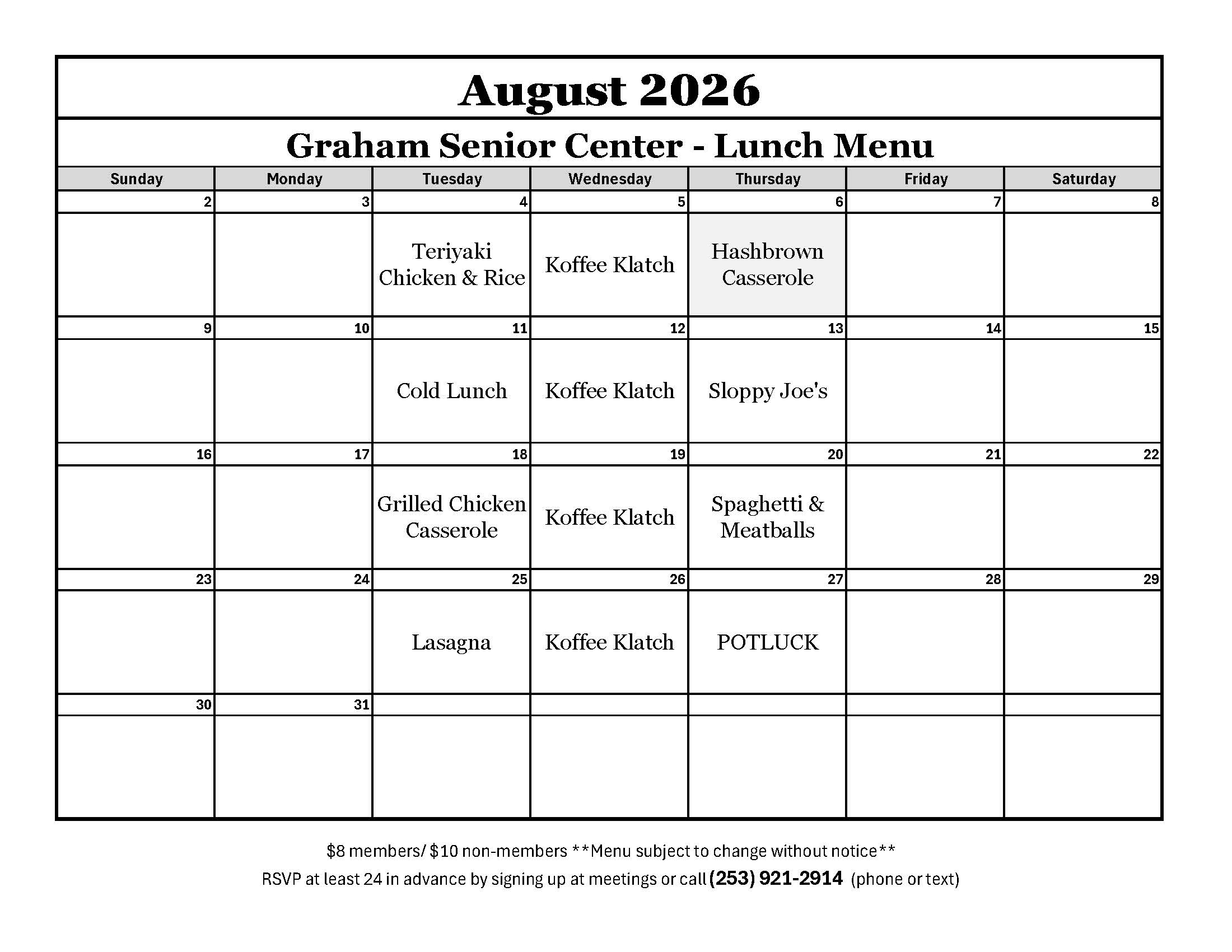 Senior Center August 2026 Lunch Meal Menu